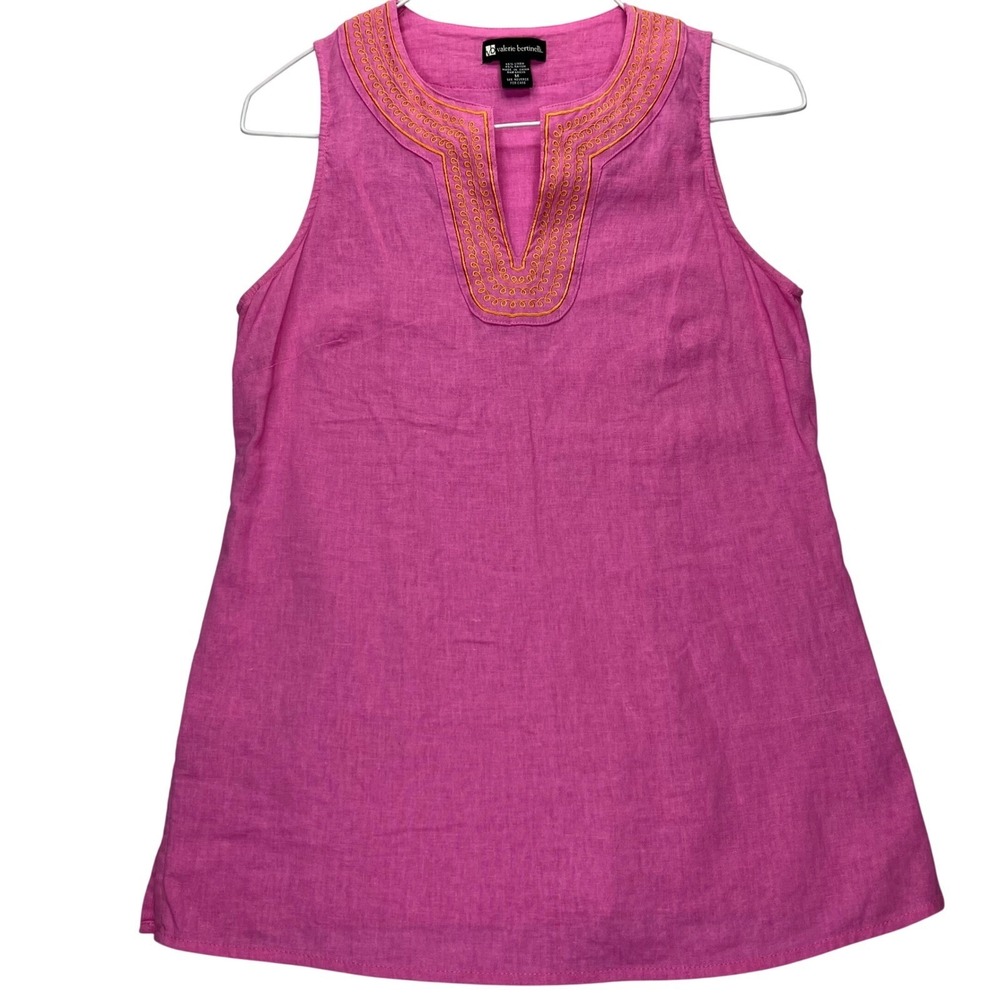 Valerie Bertinelli Tunic Top Womens M Pink Linen Blend Embroidered Sleeveless